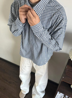 2026美式春秋冬休闲格纹通勤长袖衬衫男士百搭宽松复古短款衬衣潮