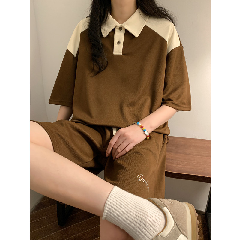 中性风夏季男女同款港风宽松POLO衫情侣短裤套装XZ405-TZ88-p55,男装休闲套装,星座405