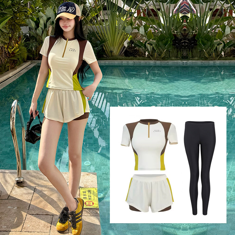 泳衣女款成人短袖分体保守平角裤套装显瘦遮肚速干温泉冲浪服泳装