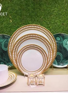 L'OBJET 欧洲进口Perlée珍珠链系列盘24K金点缀西餐盘茶杯咖啡杯