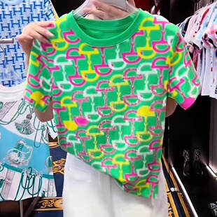 圆领短袖 轻奢绿色印花百搭时尚 T恤 小众新款 设计感女装