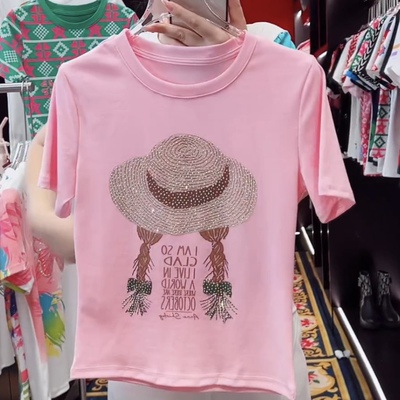 2025 SELINE夏季新款女装田间少女帽子印花烫钻短袖T恤