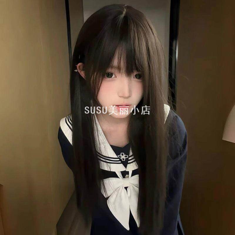 SUSU假发全头套女黑长直长发仿真发空气刘海蓬松自然日常整顶假发