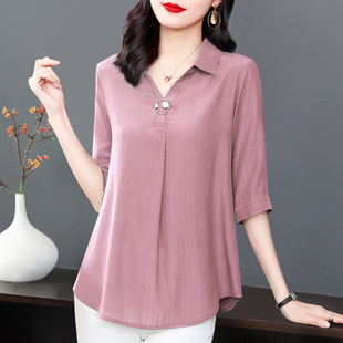 大码宽松遮肚女装2024夏季新款短袖衬衫七分袖妈妈雪纺衫女士上衣