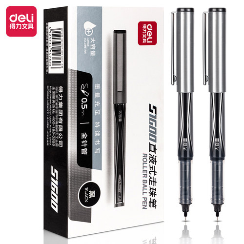 得力S1600直液式走珠笔0.5mm全针管(黑色12支/1盒)大容量办公书写