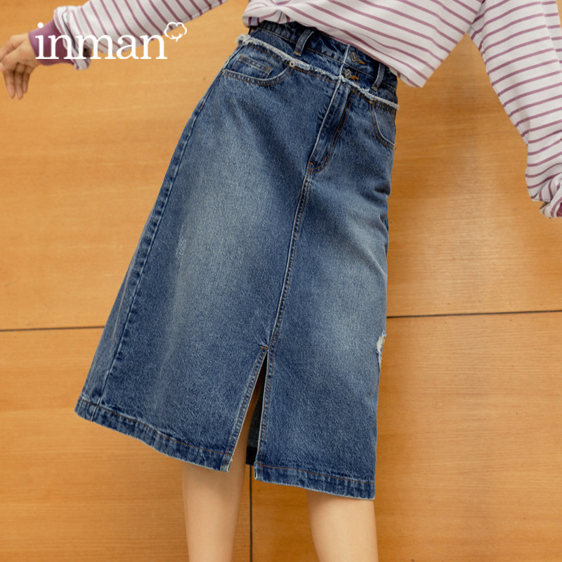 茵曼秋冬牛仔半身裙女2020新款高腰显瘦开叉包臀裙气质中长款裙子