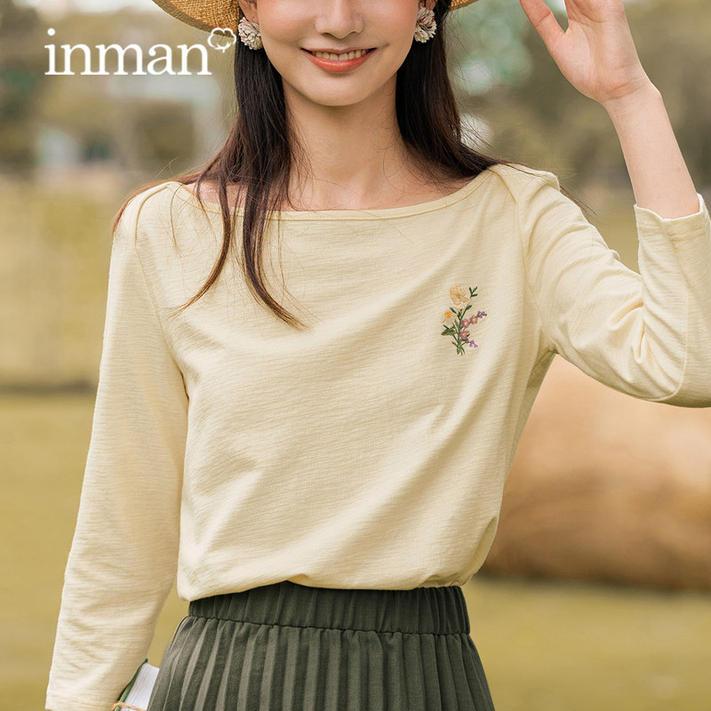 茵曼女长袖t恤洋气时尚ins潮超火设计感女小众一字肩秋款上衣女