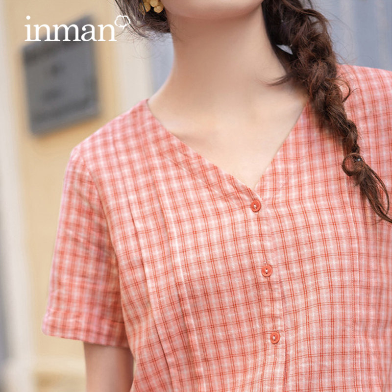 茵曼格子短袖衬衫女外穿百搭夏季2020年新款v领短款棉麻文艺上衣