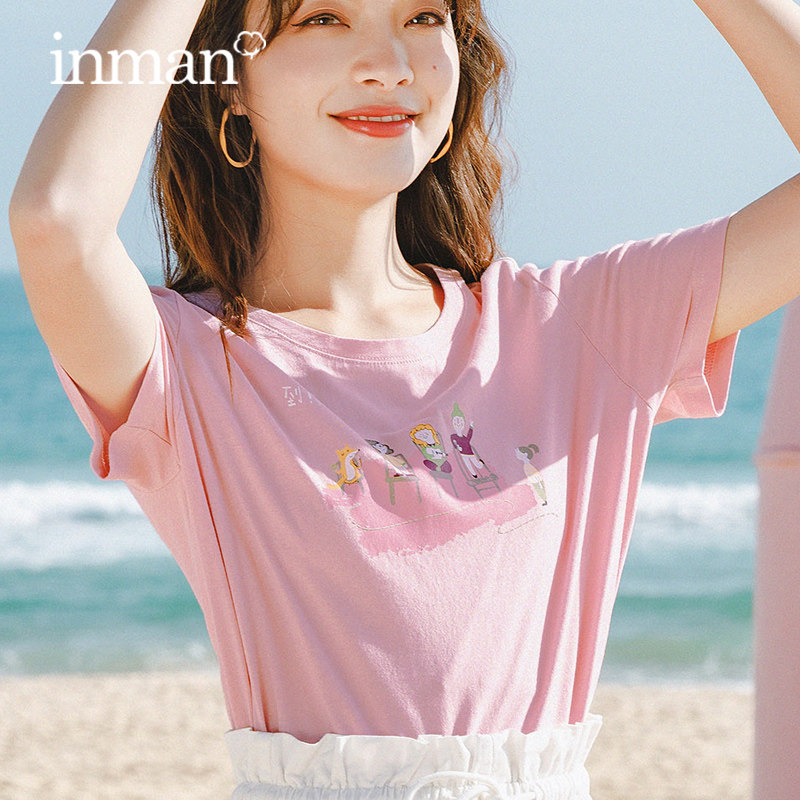 茵曼休闲好上衣女2020夏装新款印花宽松纯棉全棉粉红色短袖t恤潮