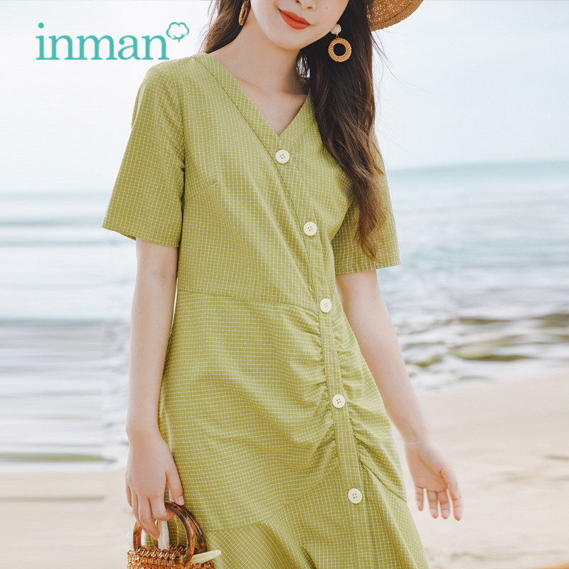 茵曼2020夏季棉绸连衣裙夏时尚外穿短袖法式v领小格子中长款裙子