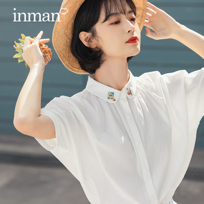 茵曼白色纯棉衬衫女洋气全棉2020夏装新款娃娃领蝙蝠袖宽松上衣潮