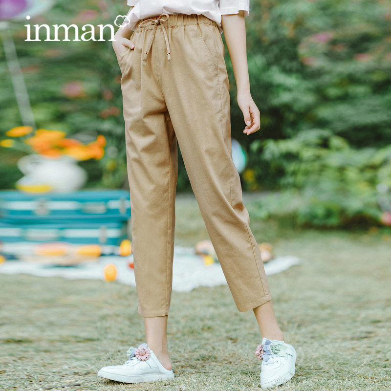 茵曼卡其色网红裤子女ins超火2020夏季薄款直筒棉麻休闲裤九分裤