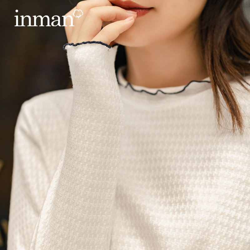 茵曼白色长袖t恤女上衣服2020春秋季新款韩版宽松内搭打底衫ins潮