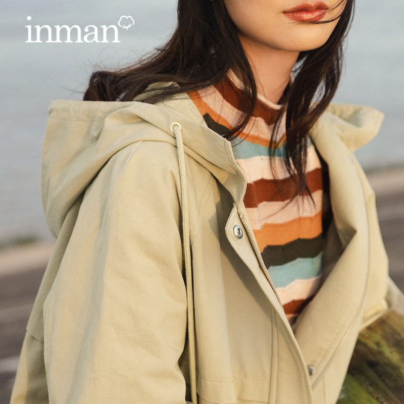 茵曼2020年春秋冬新款长袖休闲工装宽松女士外套短款小个子连帽