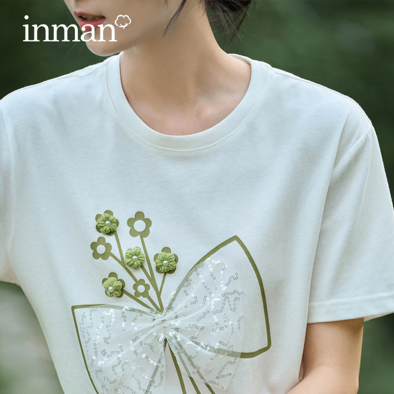 茵曼蝴蝶网纱印花拼接短袖t恤女2022夏季新款设计感小众时尚上衣