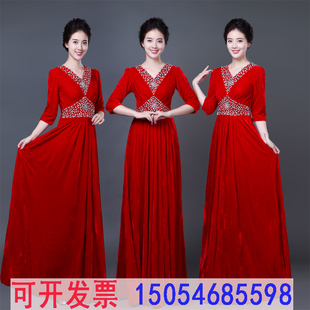 合唱服长裙成人金丝绒大合唱团演出服女指挥主持人中老年舞台服装