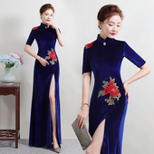 高端金丝绒旗袍长款 秋冬连衣裙2022年新款 舞台蓝色走秀演出服优雅