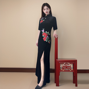 新款金丝绒鱼尾旗袍性感时尚礼服高端优雅旗袍走秀演出服连衣裙女