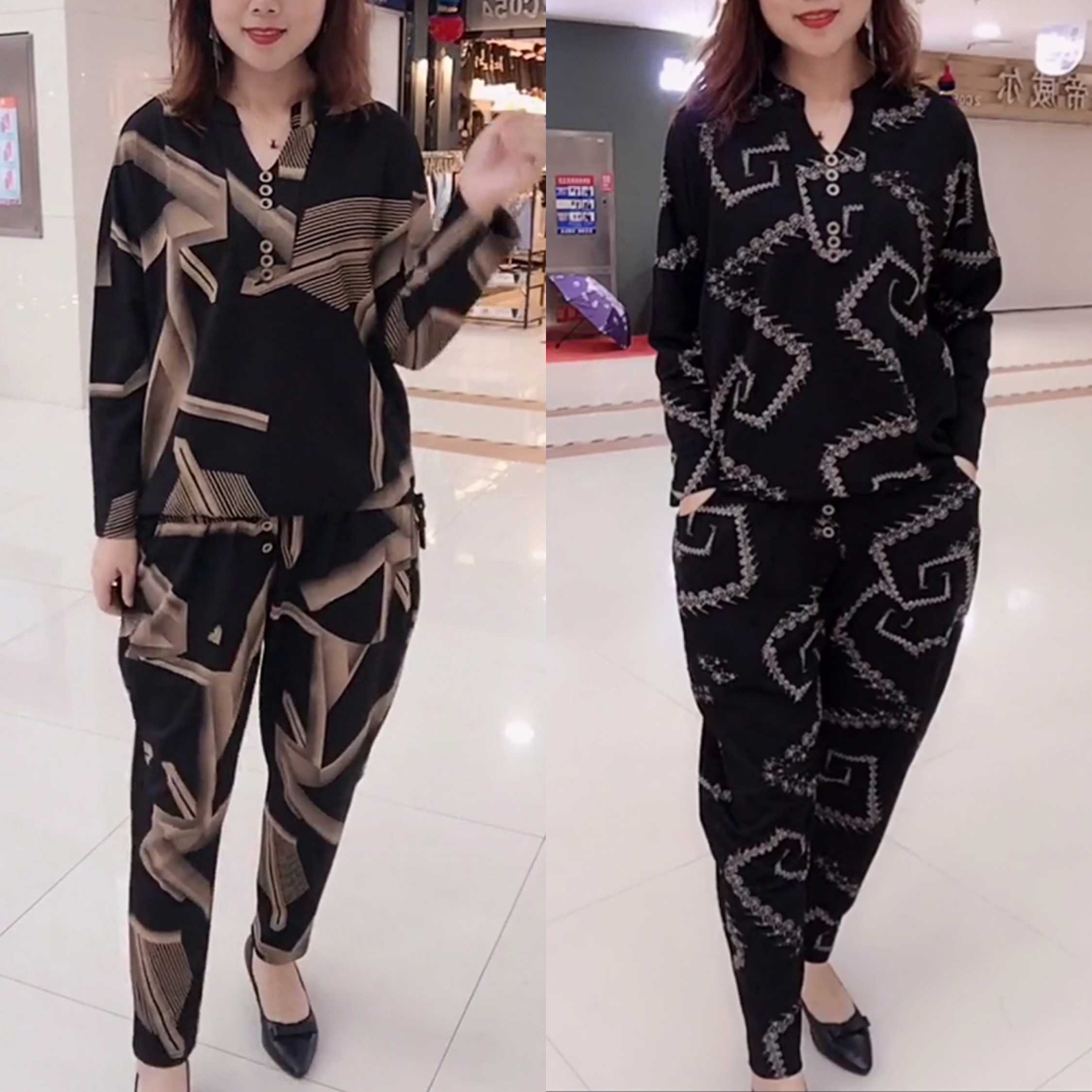 2019秋季新款V领妈妈装加肥加大长袖秋装时尚大气哈伦休闲女套装(非品牌)