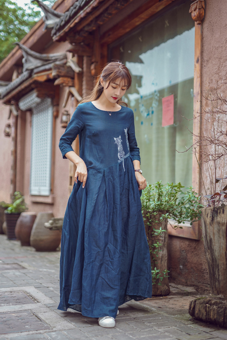 蜡染连衣裙衣服苎麻宽松板蓝根植物染蓝靛草草木染非遗技艺包邮