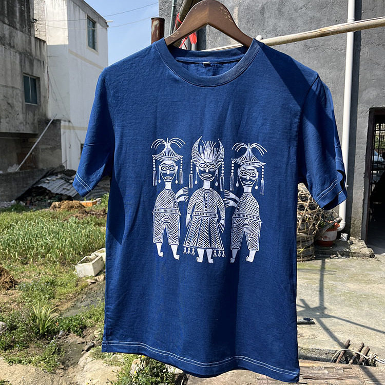 蜡染T恤定制人物图案活动服饰个性民族风国潮风植物染蓝手工非遗