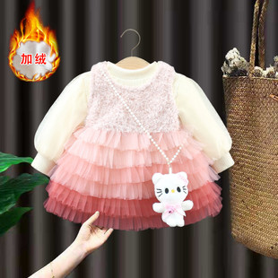 女童加绒连衣裙套装 婴儿公主裙 周岁宝宝礼服小女孩生日蓬蓬裙冬季