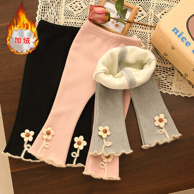 女童加绒打底裤秋冬季婴儿一体绒长裤洋气小女孩宝宝外穿喇叭裤子