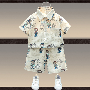韩版 两件套 2023新款 男童套装 衬衫 洋气休闲儿童短袖 夏季 男宝宝夏装