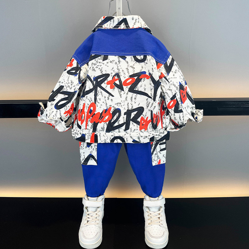 아동복 소년 봄 가을 정장 2023 새로운 스타일 어린이 4 세 잘 생긴 봄 7 소년 한국 스타일 작업복 투피스 세트 유행