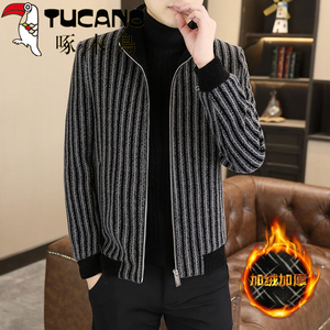 啄木鸟呢子夹克外套金貂绒男士秋冬新款立领风衣加厚条纹大衣男装