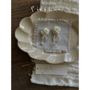 瓶花pinghua手作*露珠香气*白水晶小众不规则串珠日系耳环 耳夹女