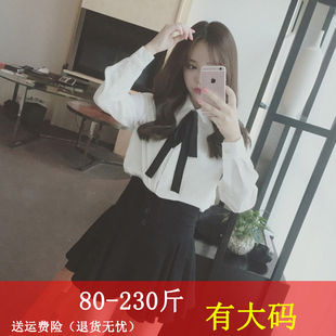 大码蝴蝶结领带衬衫女长袖 秋冬加绒胖mm白衬衣厚学院风加肥小众