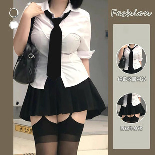 大码JK制服短袖白色收腰衬衫女夏设计感小众胖妹妹甜辣衬衣工装