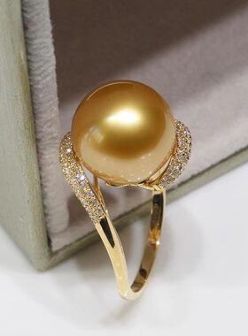 南洋金珍珠戒指镀金锆石镶嵌正圆无暇金珠活口女款戒指