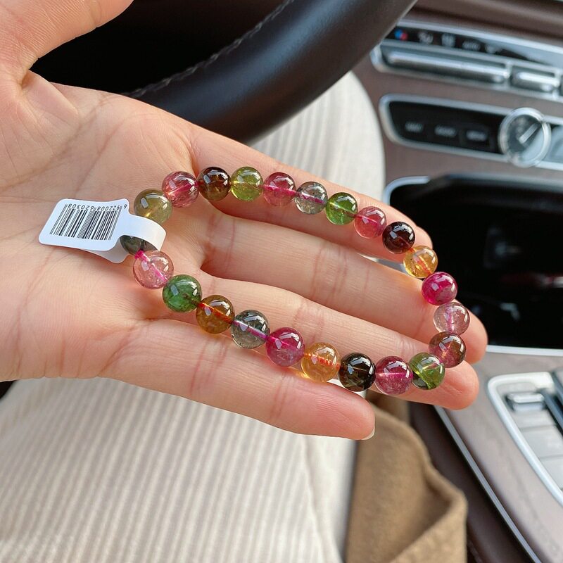 天然水晶巴西老料彩虹碧玺手链女款圆珠浓艳通透糖果碧玺手串送礼