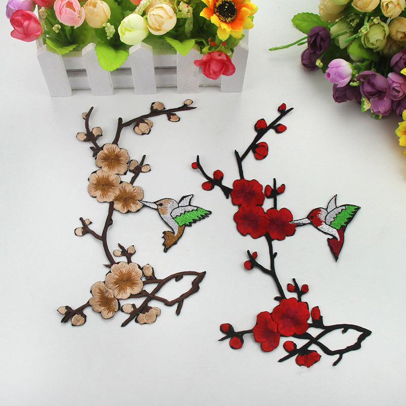 腊梅衣服刺绣花布贴补丁贴梅花小片旗袍diy烫贴片中国风蜂鸟梅花