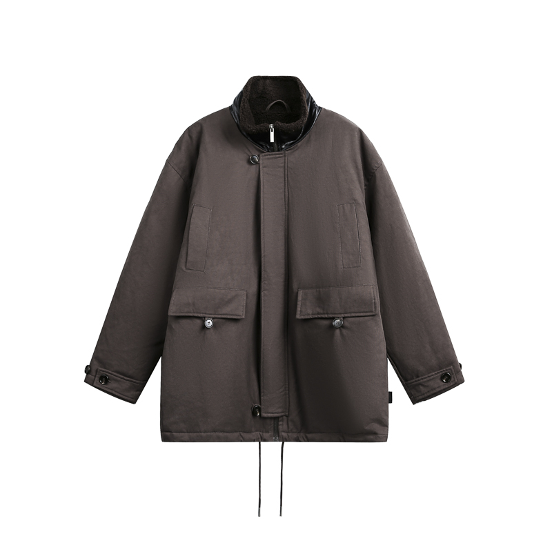 山一商店254MY10154巴恩风美拉德拼皮毛领中长款派克棉服P200K288，男装棉衣，电商S003