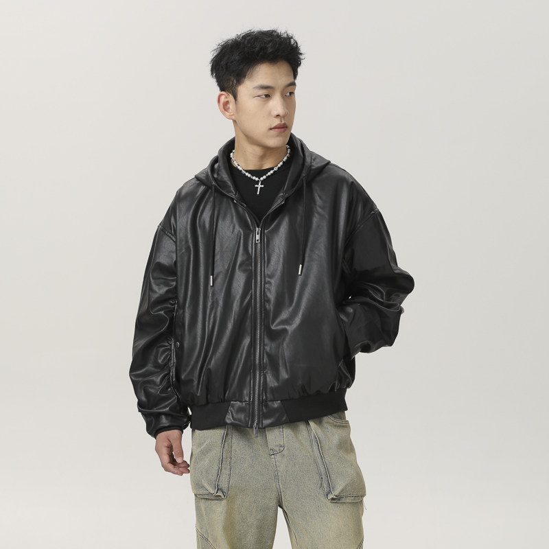 山一商店 243JK10123 B家廓形短款弯刀袖连帽飞行皮夹克P135 K188图片