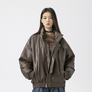 原B429-234YR09261多拼接皮料羽绒服新标90绒多色大码P285-K418图片