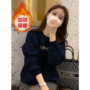 即墨韩版加绒圆领卫衣女爆款简约洋气宽松慵懒百搭加厚上衣潮