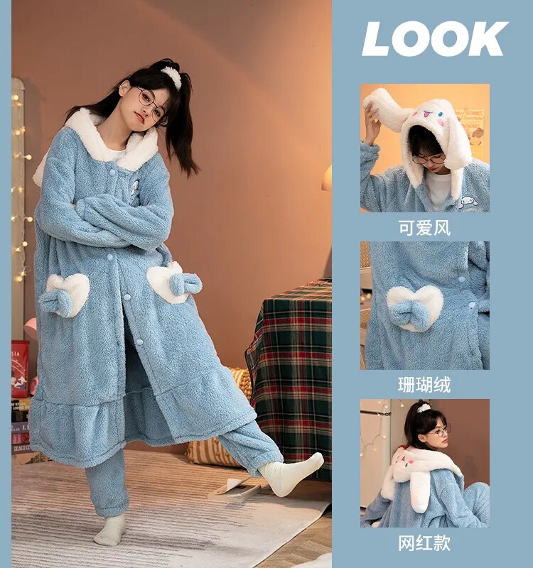 玉桂狗睡衣冬季女秋冬长款法拉绒睡袍加绒加厚珊瑚绒家居服可外穿