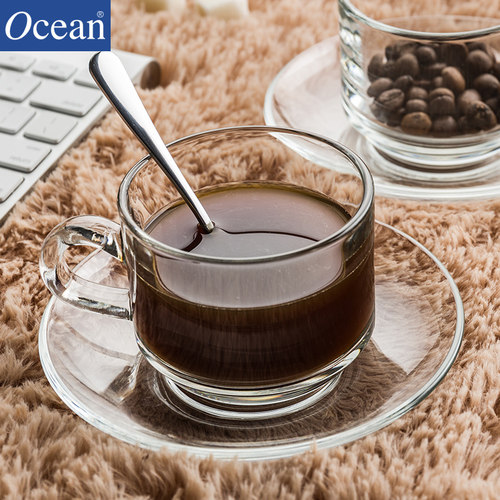 Ocean进口透明玻璃咖啡杯套装带把欧式茶杯家用简约咖啡杯带碟