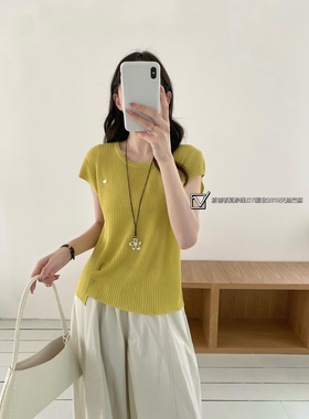 紫依2819夏季新韩版时尚百搭圆领下侧单扣设计感短袖针织衫女上衣