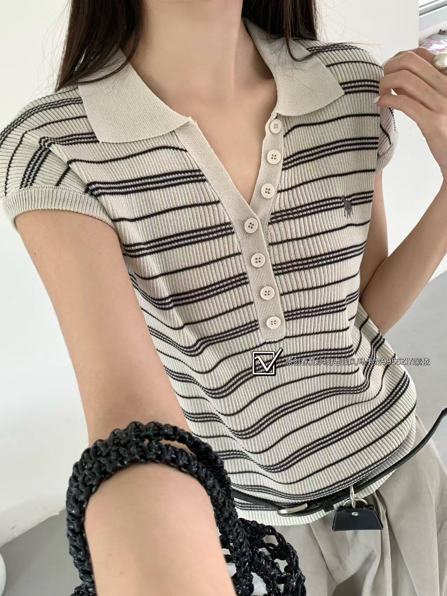 紫依夏季新款韩系设计感小众条纹针织衫女修身显瘦百搭短袖上衣