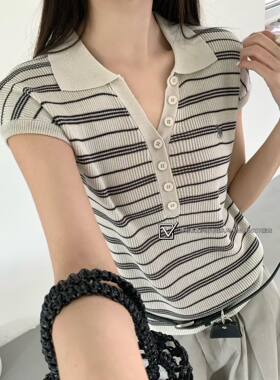 紫依夏季新款韩系设计感小众条纹针织衫女修身显瘦百搭短袖上衣