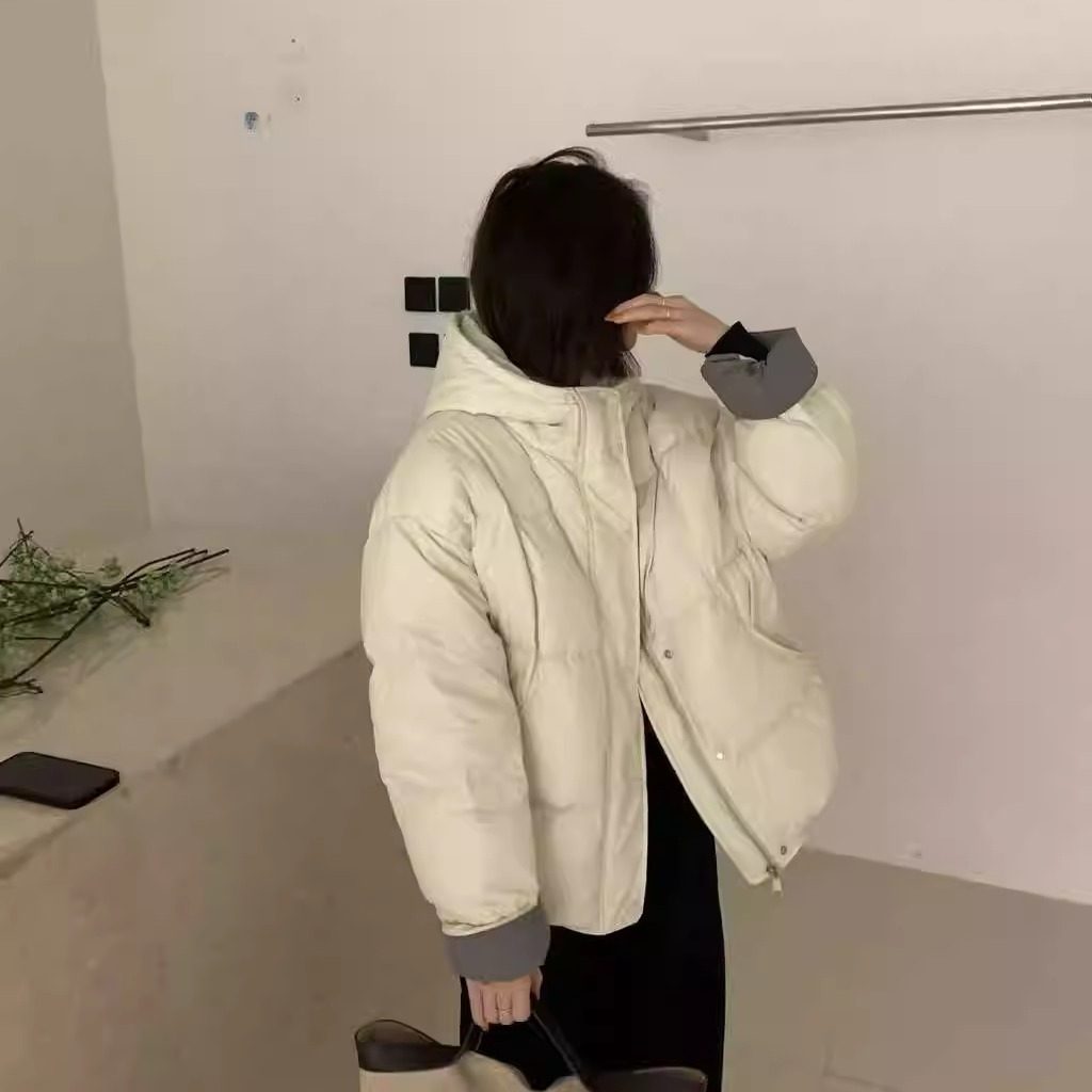 韩系简约纯色连帽羽绒服女冬百搭小个子学生白鸭绒面包服短款外套