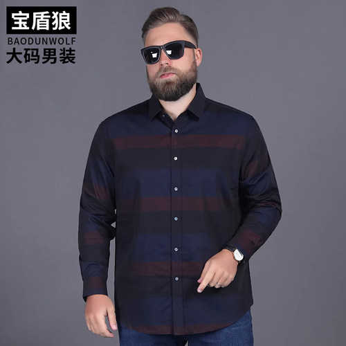 大码肥佬胖子条纹纯棉长袖衬衣