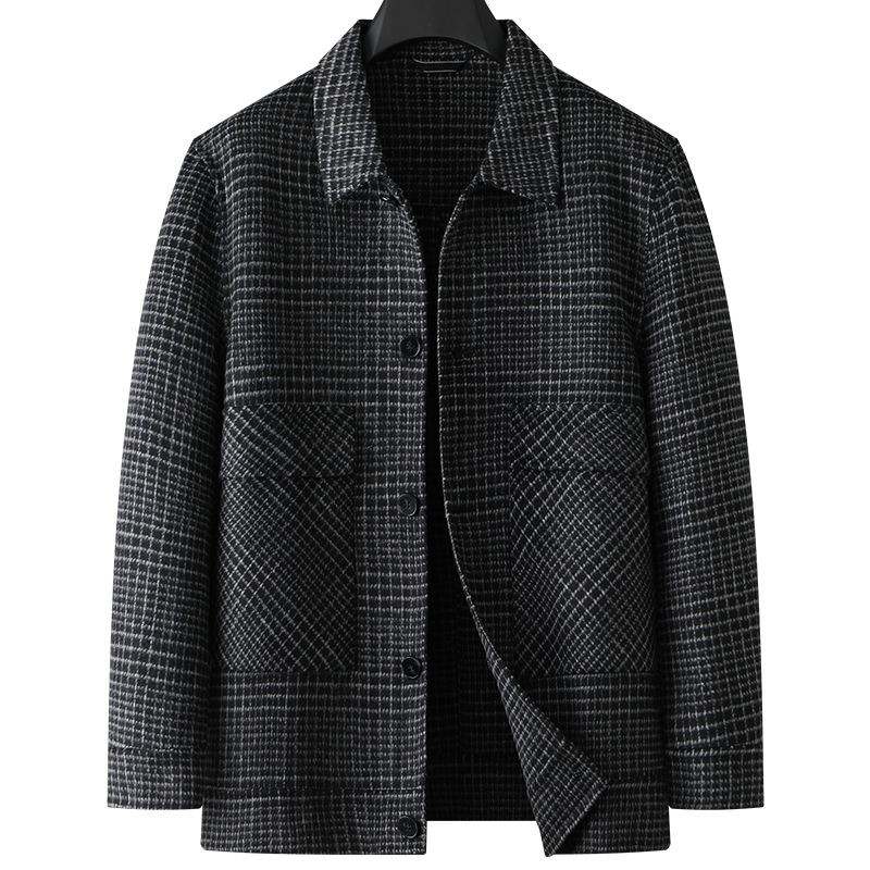 秋冬轻奢加大码男士翻领双面呢子外套胖子宽松格子时尚羊毛呢外套