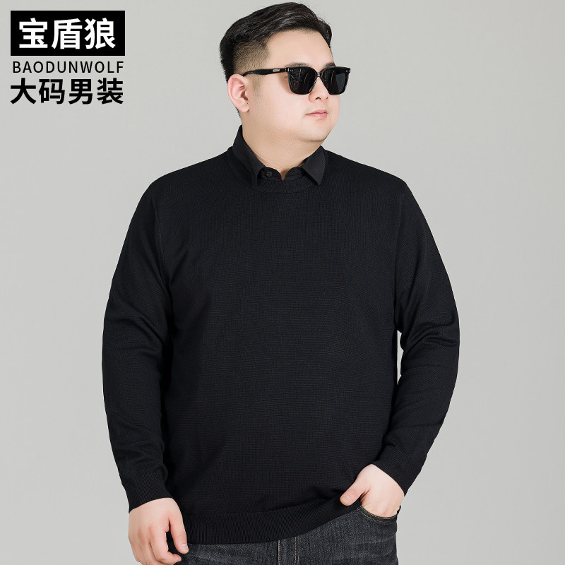 青年加肥假两件针织衫男秋季上衣服肥佬大码长袖衬衫领外穿毛线衣