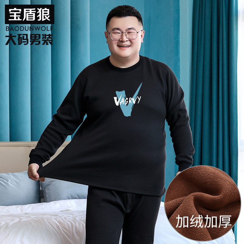 초대형 남성용 지방 남성용 두꺼운 열 속옷 세트 초대형 라운드 넥 플러스 벨벳 바닥 셔츠 스트레치 롱 존스